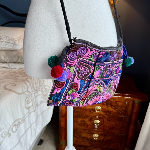 Purple and Pink Embroidered Hmong Crossbody Bag - Picture 4 of 10